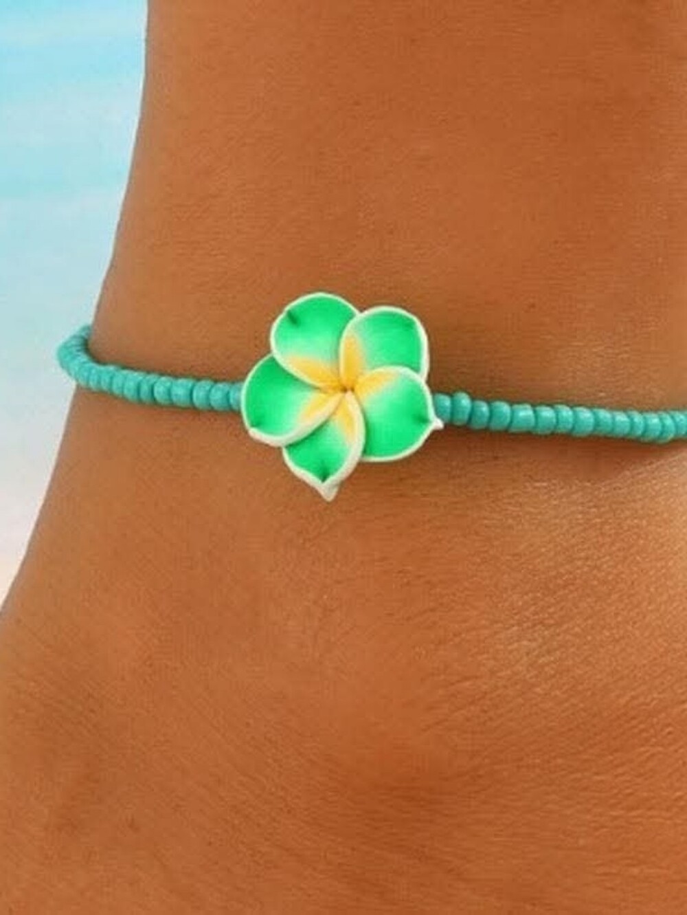 Tropical Flower Beaded Anklet & Bracelet Set Summer Plumeria New Green Mauve - Picture 5 of 5